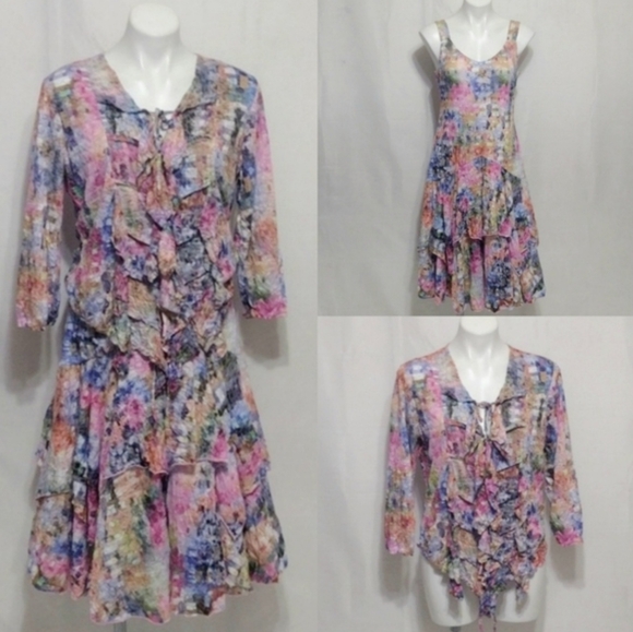 Carine Periwinkle Boho Ruffle Tiered Midi Dress M & Sweater Top L Two-Piece Set - Picture 1 of 17